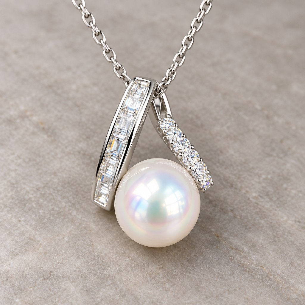 Serenade – Brilliant White Pearl Ribbon Pendant Necklace (9.8mm)