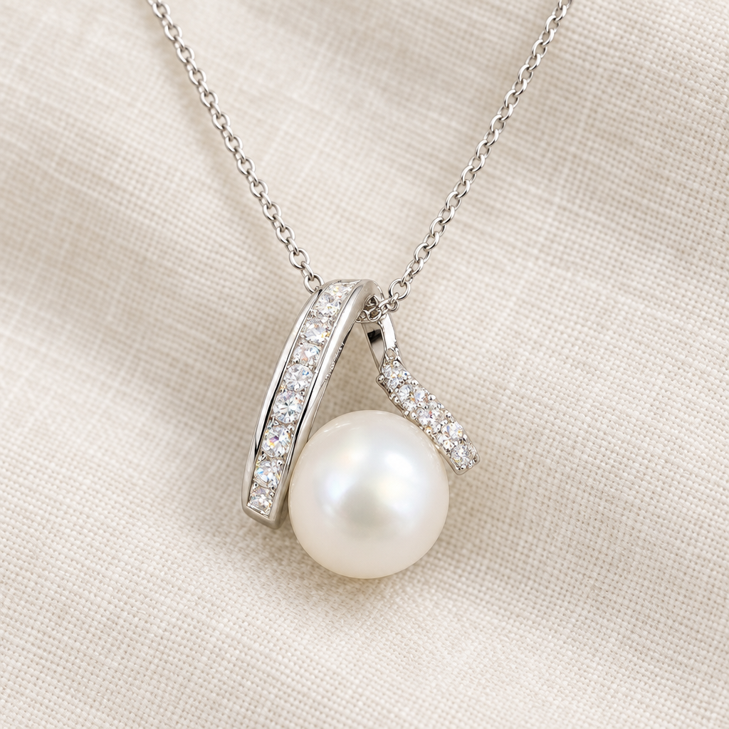 Serenade – Brilliant White Pearl Ribbon Pendant Necklace (9.8mm)